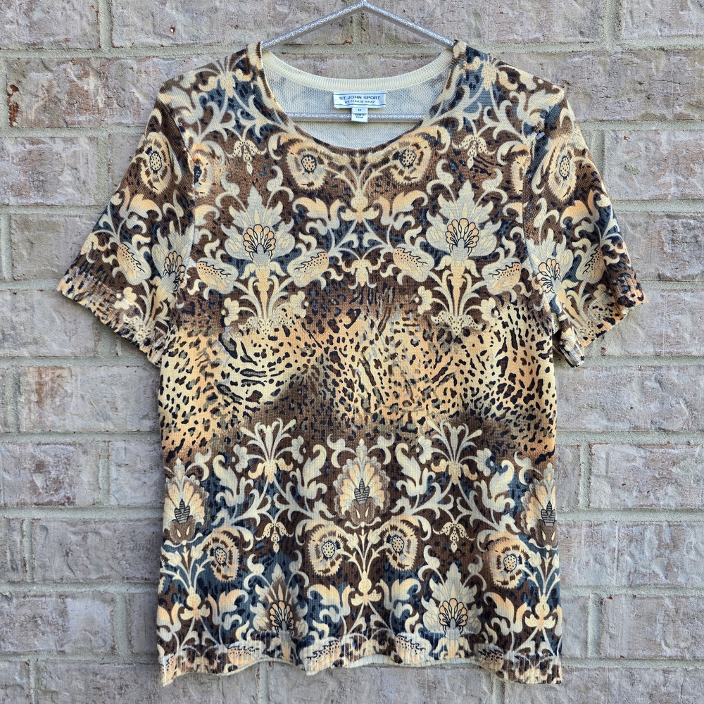 St. John Sport Marie Gray Womens Top Short Sleeve Knit Animal Print Size Medium